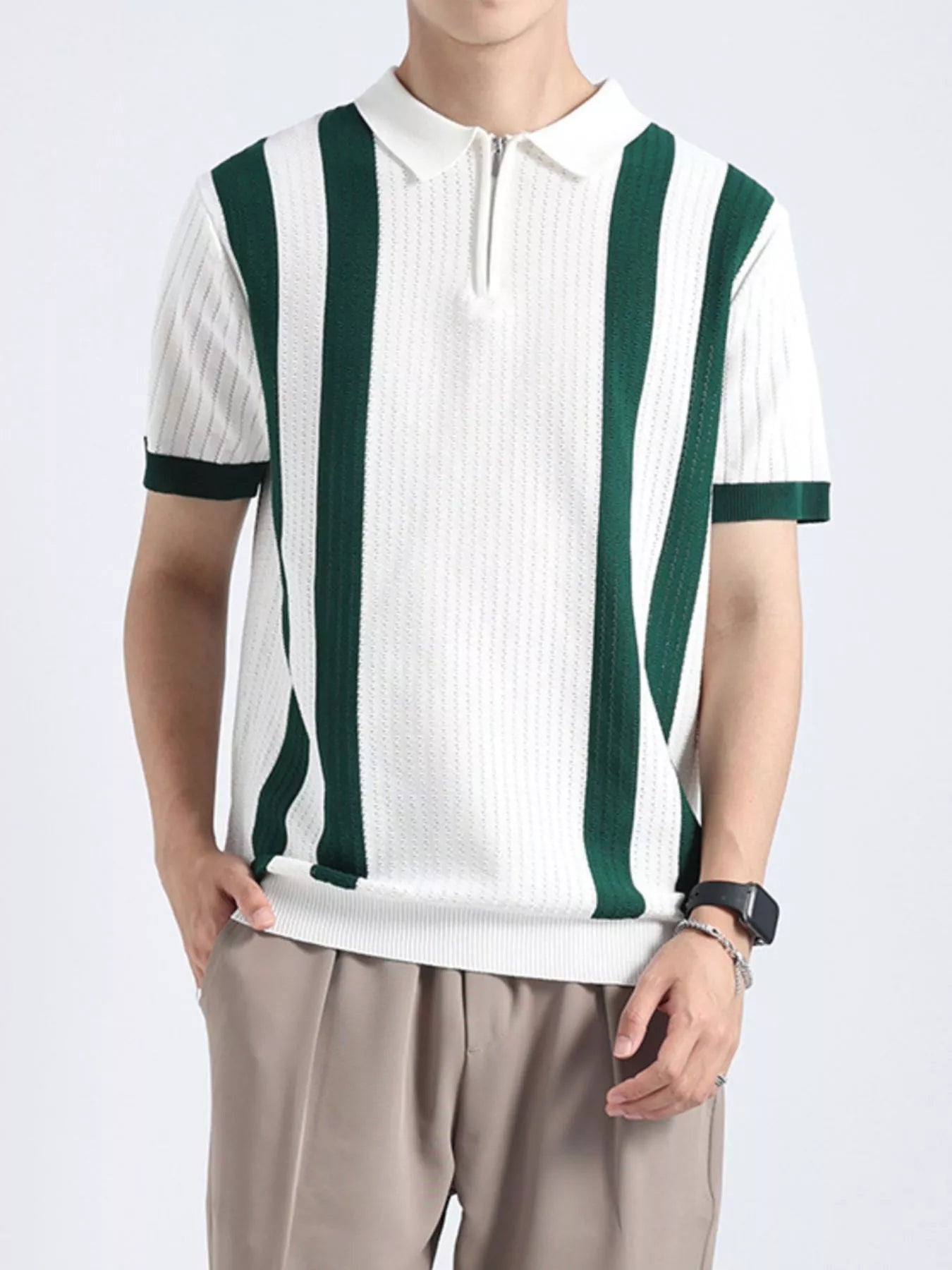Men's Plus Size Striped Knitted Polo with Zipper