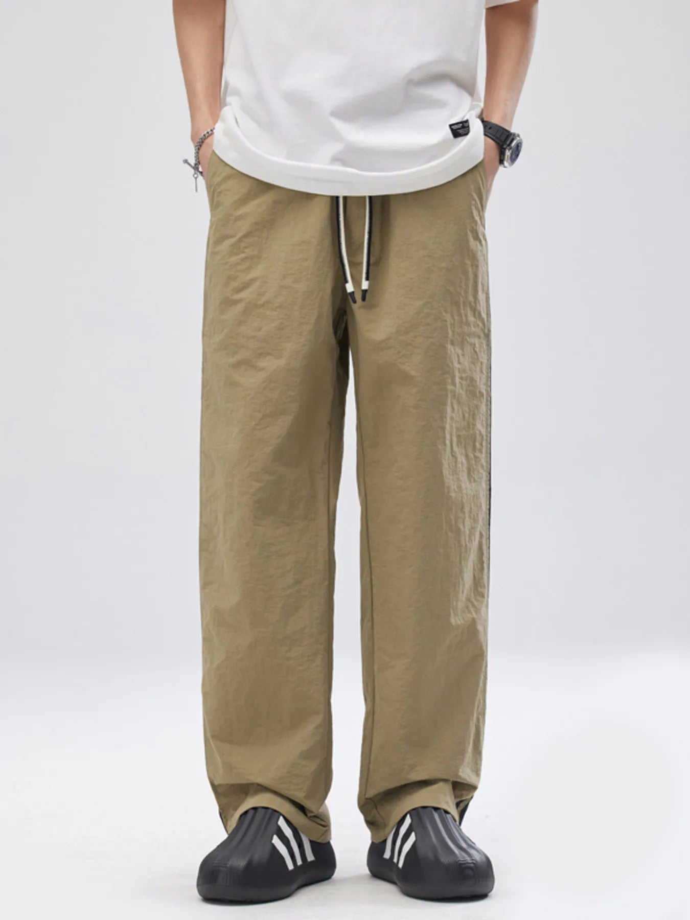 Men's Drawstring Wide Leg Pants with Side Striped