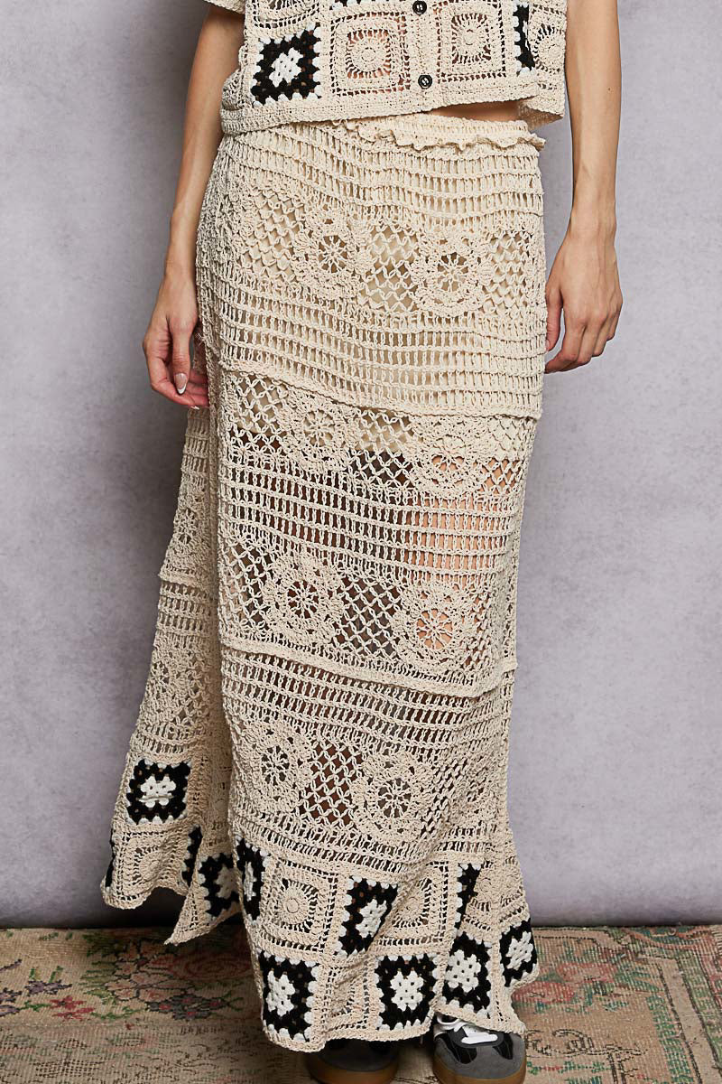 Crochet Ruffled Waistband Maxi Skirt with Granny Square Weave