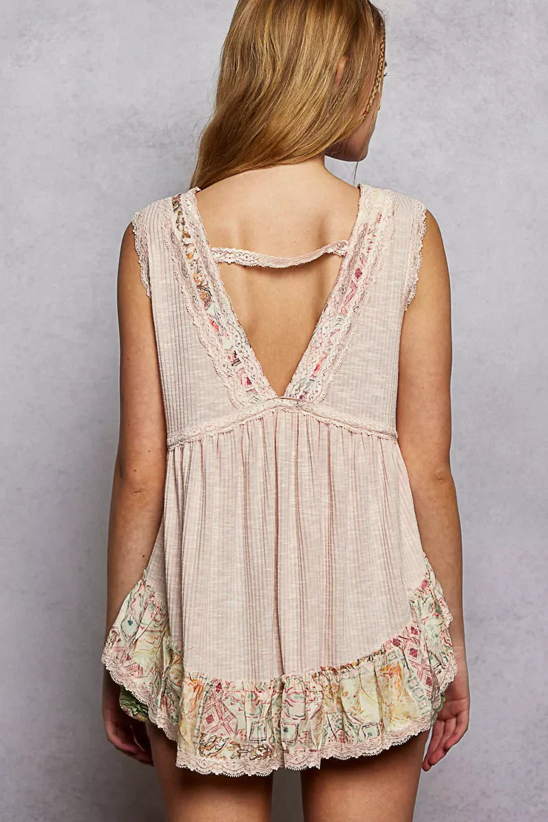 POL Lace Detail Ruffled Ribbed Sleeveless Top with Floral Pattern Trim Detail