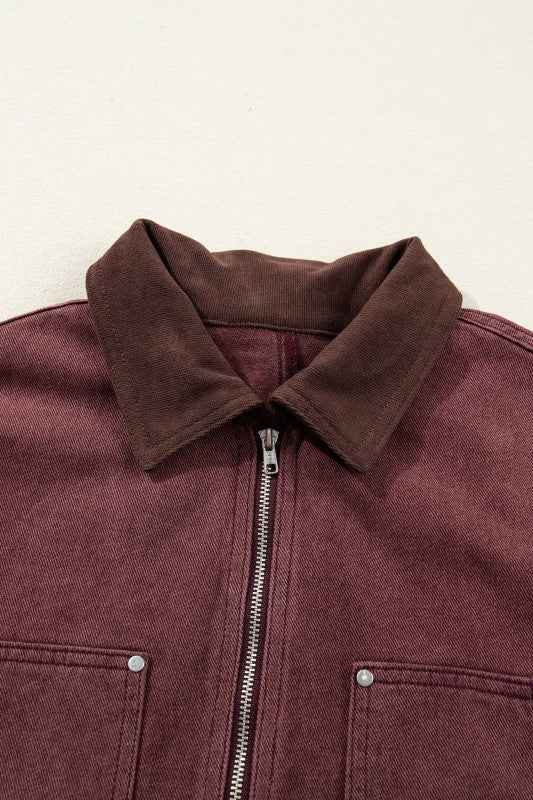 Corduroy Collar Zipped Front Denim Jacket