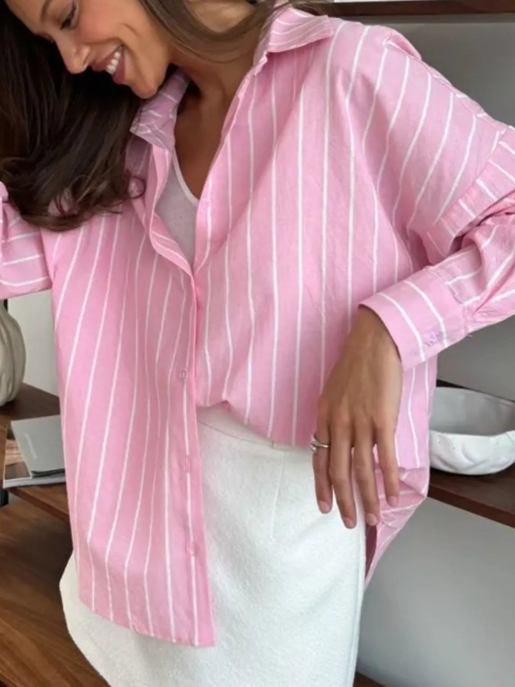 Button Down Striped Collared Neck Long Sleeve Shirt