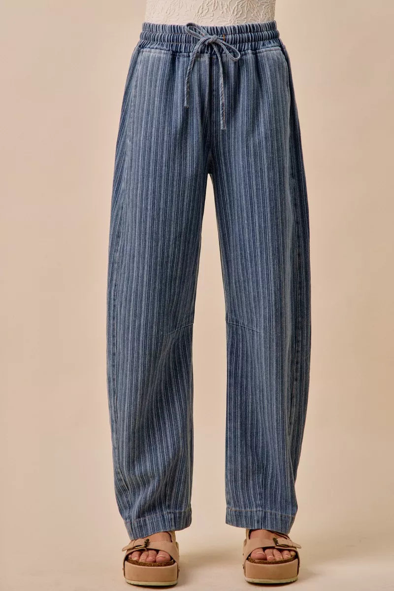 SO ME Stripe Denim Barrel Jeans Drawstring Waistband