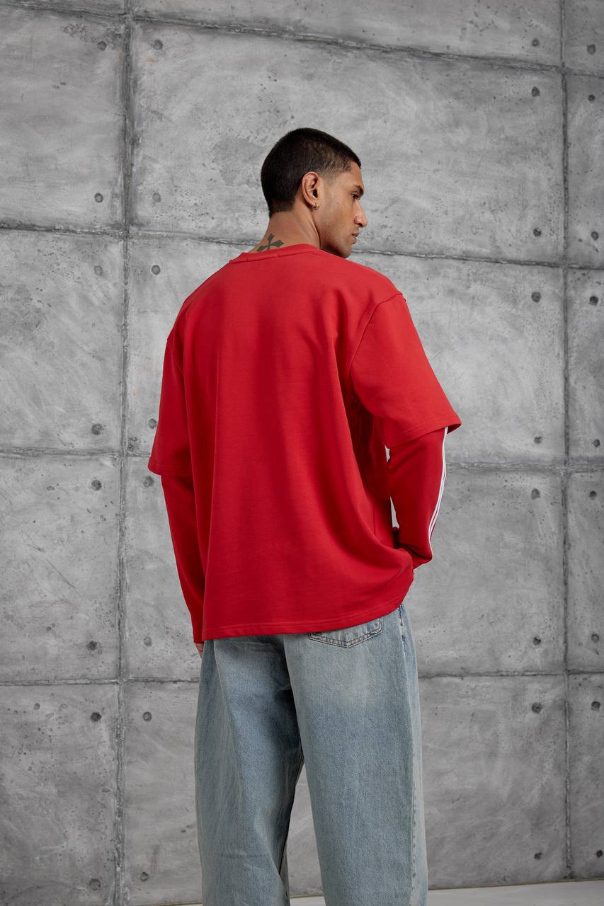Oversized "404" Graphic T-Shirt – Layered Three-Stripe Long Sleeve