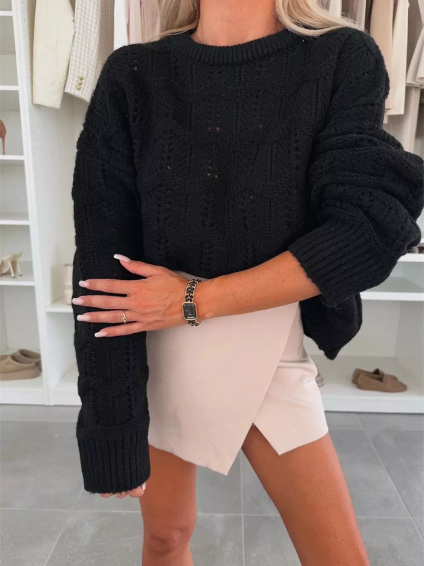 Openwork Round Neck Sweater