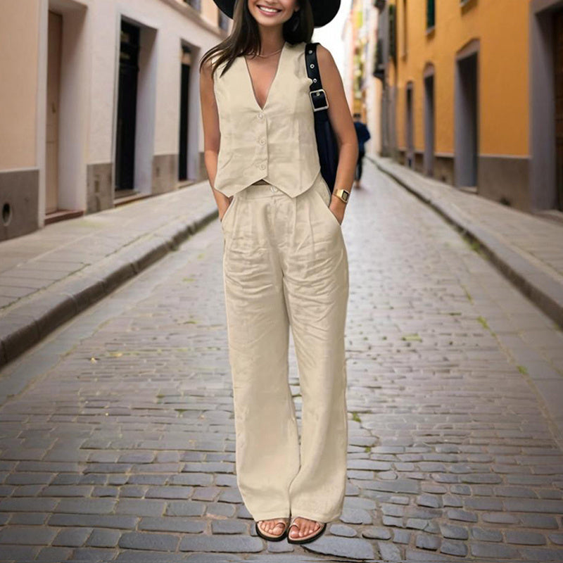Women’s V‑Neck Button‑Front Vest & High‑Waist Pants Set