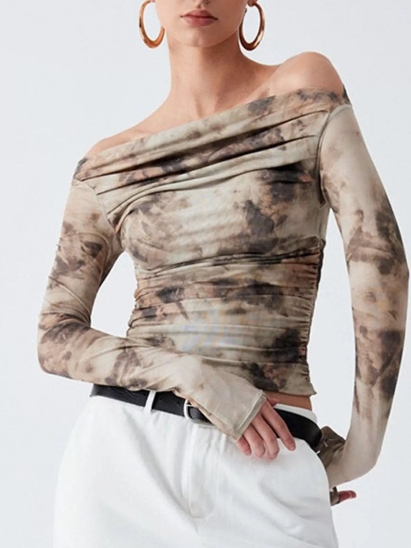 Tie-Dye Print Off-Shoulder Mesh Top
