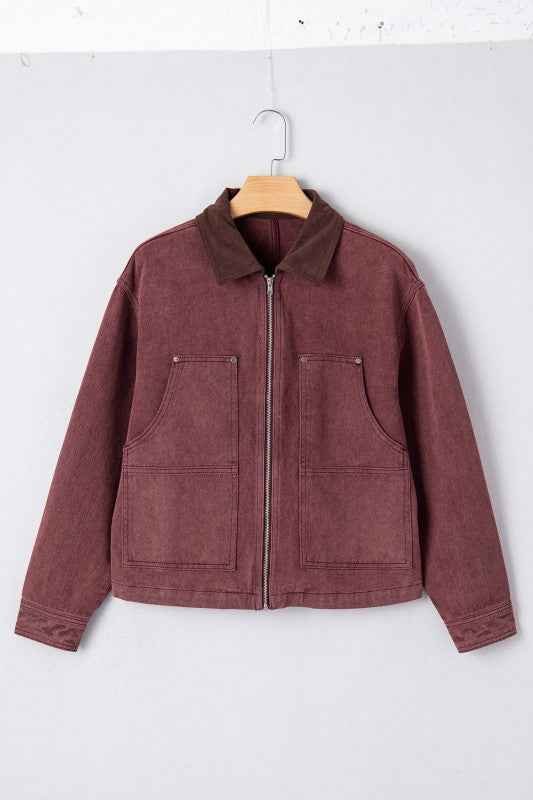 Corduroy Collar Zipped Front Denim Jacket