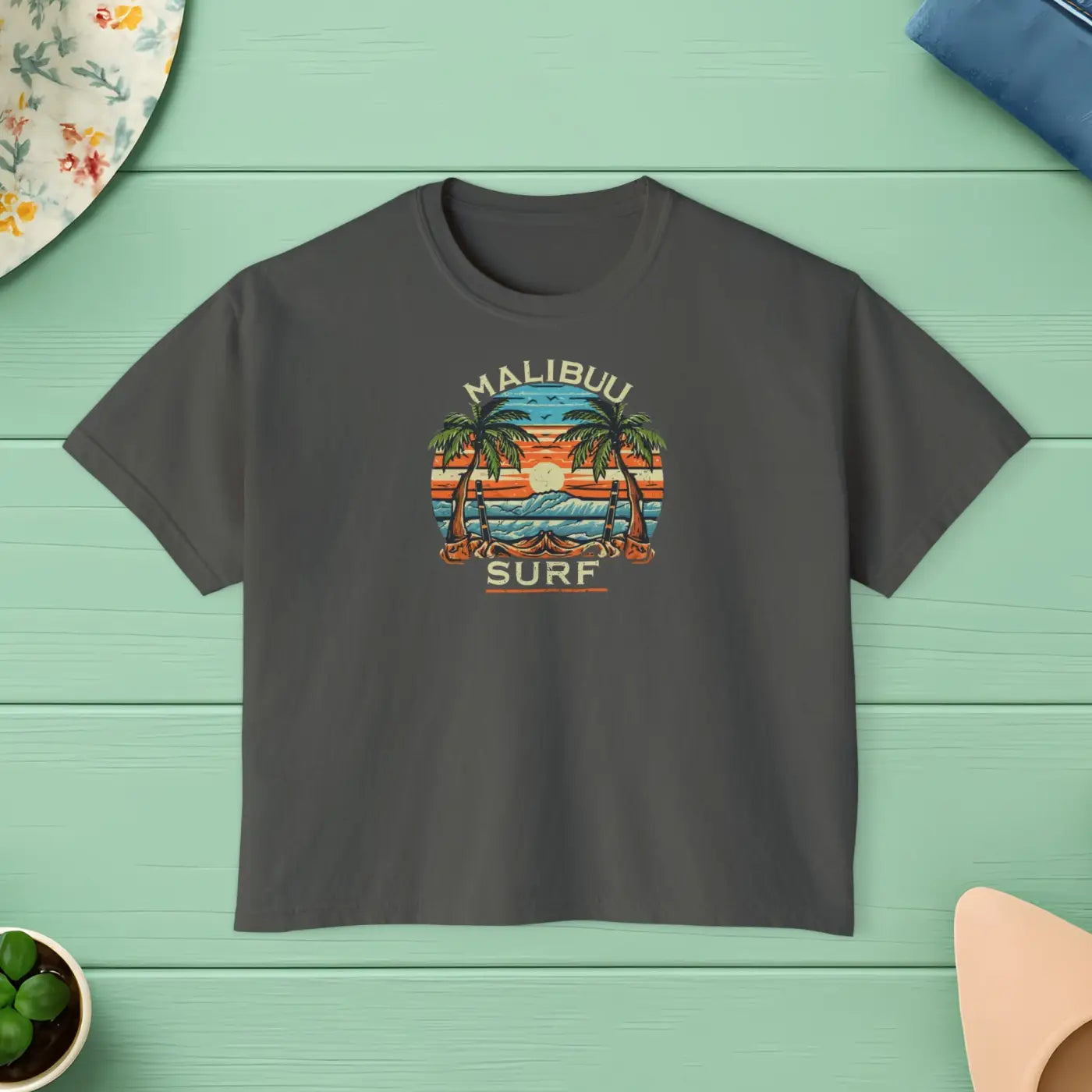 Boxy Tee Retro Palm Beach Sunset - Summer Vibes - DipaliZ