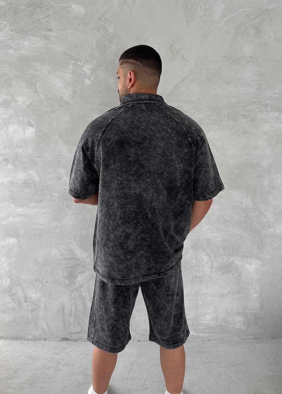 Washed Club Spirit Men's Polo & Shorts Set – Vintage Black & Gold Streetwear Style